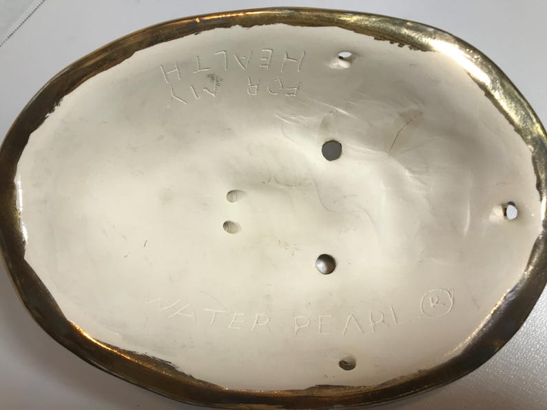 May include: A white ceramic bowl with a gold rim. The bowl has a few holes in the bottom and the words "WATER PEARL HEALTH" are written on the inside.