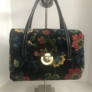 Vintage 1960s colorful floral design cut velvet handbag purse, Vintage velvet carpet bag handbag purse, floral carpet bag unique purse