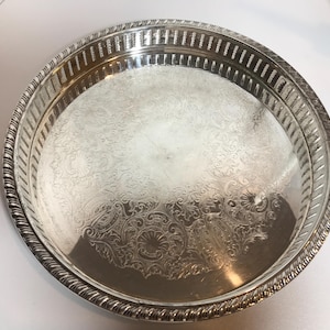 Vintage FB Rogers Silver plate round tray, Rogers silverplate pierced engraved 10&quot; tray, silver reticulated round engraved serving tray