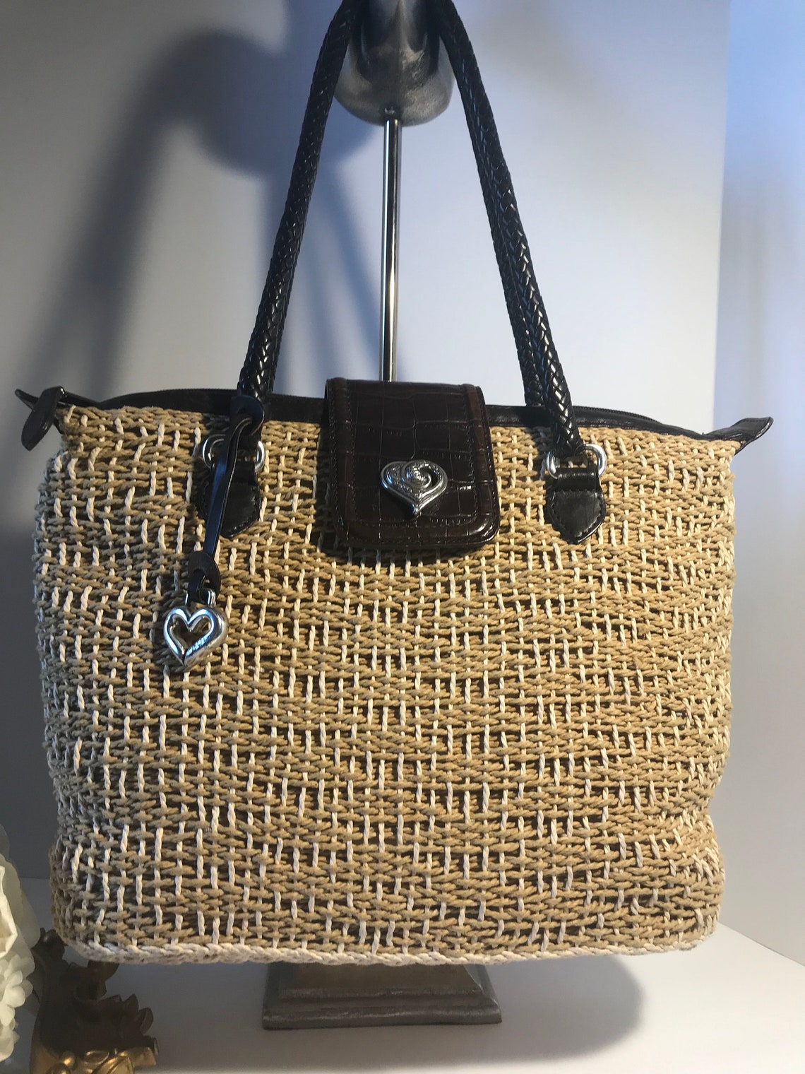 Brighton Woven Straw Rattan and Leather Handbag Vintage Etsy