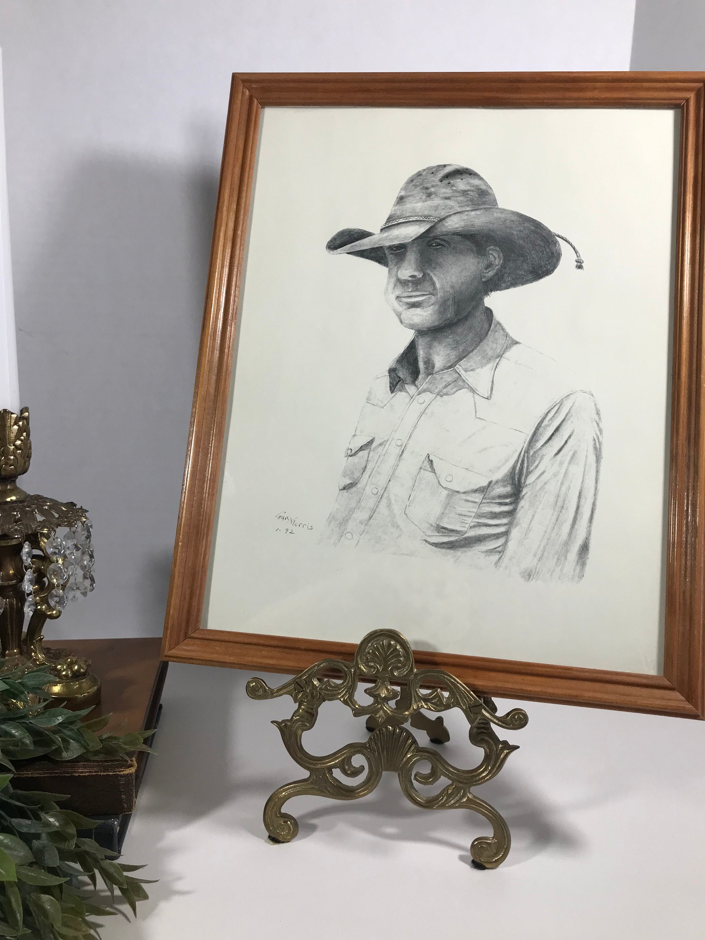 Vintage Original Sketch of Grinning Cowboy Wall Art, Signed by