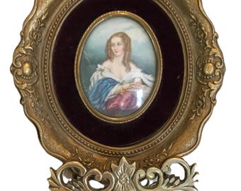Vintage Victorian style wall decor, 1950s petite portrait art in ornate chalkware gold frame, Victorian style portrait, Gallery wall decor