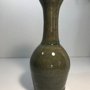 Vintage Avocado green stoneware art pottery bud vase signed, handmade ceramic vase, glazed ceramic vase