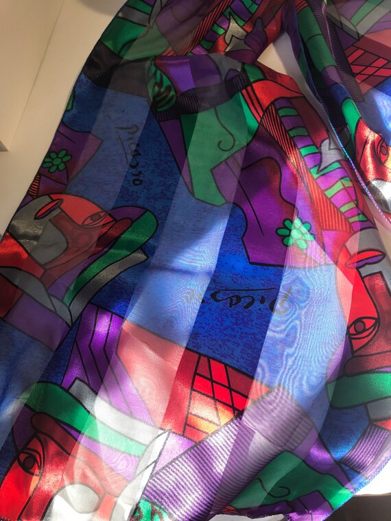 Vintage Picasso print silk 60x14 scarf, Vintage a… - image 10