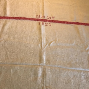 Antique flax linen white and red monogrammed tablecloth 52x59&quot;, Vintage linen shabby chic French Country style linen square tablecloth