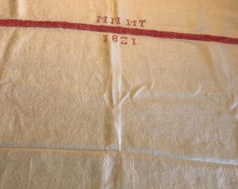 Antique flax linen white and red monogrammed tablecloth 52x59", Vintage linen shabby chic French Country style linen square tablecloth