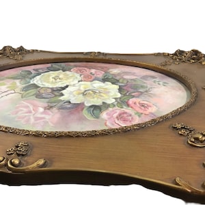 Vintage Gloria Curtis floral still life in ornate carved wood frame 22x26 signed original oil painting on canvas, original floral painting image 5