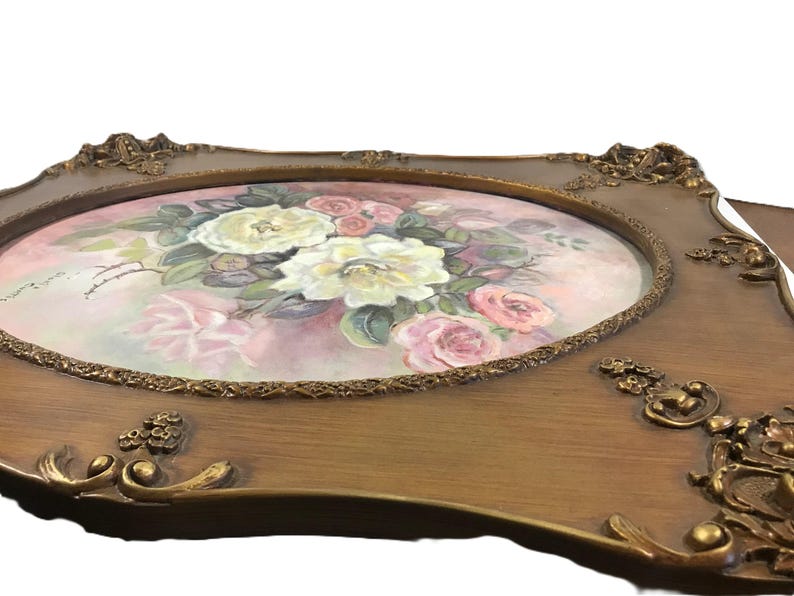 Vintage Gloria Curtis floral still life in ornate carved wood frame 22x26 signed original oil painting on canvas, original floral painting image 5