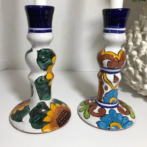 Vintage Mexican hand painted ceramic candle holders, Vtg white ceramic hand painted bright floral design taper candle holders, set of 2