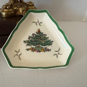 Vintage Spode Christmas Tree Dish, Triangle Shaped Trinket or Candy Dish, Classic Green Rim Holiday China, Spode England