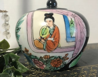 Vintage ceramic black trinket dish, Petite hand painted ginger jar vase, Painted lady with fan trinket dish with lid, Chinoiserie decor
