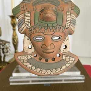 Vintage terracotta wall mask, hand-painted red clay pottery face, artisan Mexico wall decor in Mayan-style design image 4