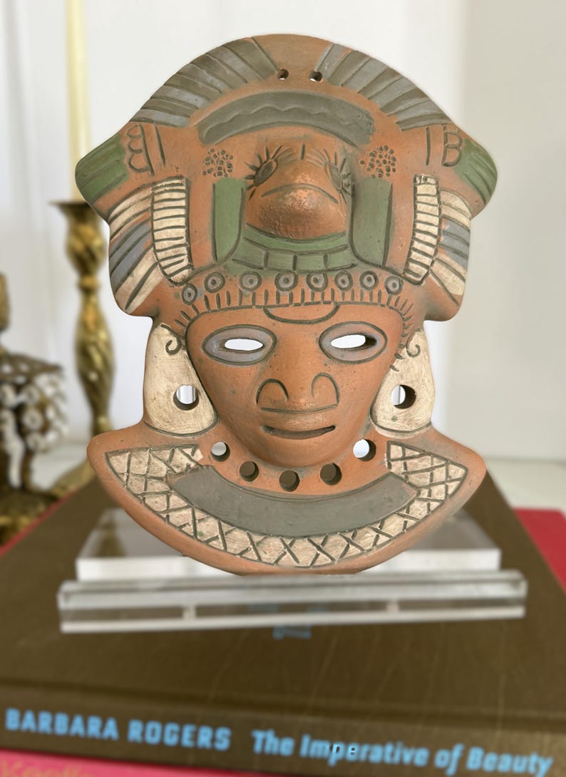 Vintage terracotta wall mask, hand-painted red clay pottery face, artisan Mexico wall decor in Mayan-style design image 4