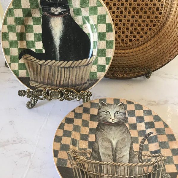 Vintage Country Kitty plates (2) by David Carter Brown, Vintage checkerboard kitty plates, Vintage checkerboard cottage style Cat plates