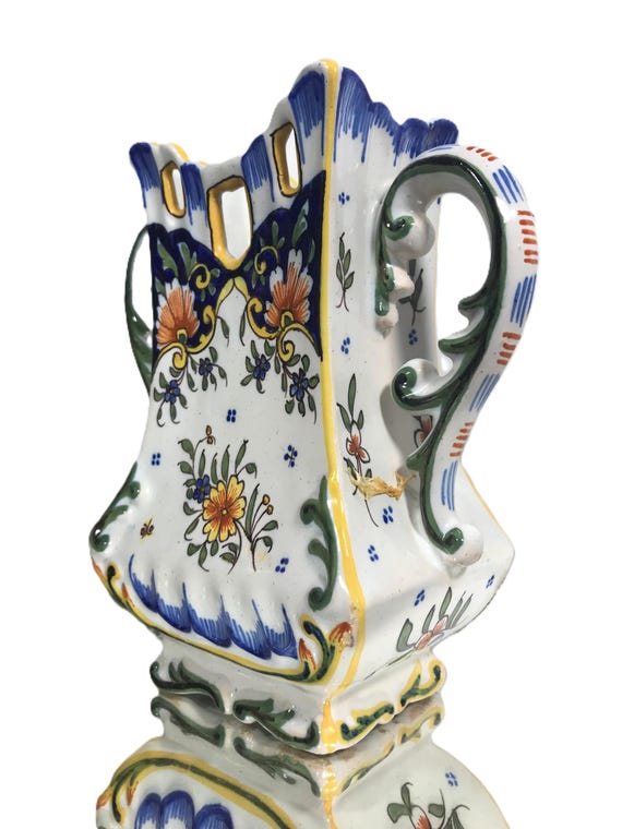 フランス陶器　花瓶ノルマンディ・ルーアンにて購入 ヴィンテージ フランス ルーアン 陶器 花瓶、ヴィンテージ ルーアン 青
