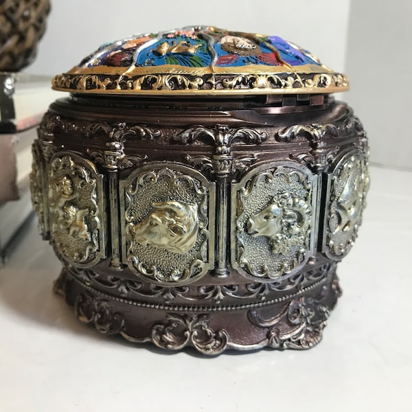 Astrological ornate trinket box, zodiac signs resin music box, unique ornate round Zodiac signs box with angel and star interior.