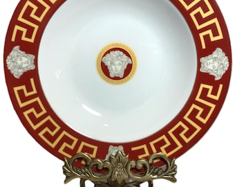 Cuenco bajo de porcelana alemana vintage Tirschenreuth Bavaria, rojo con detalles dorados de greca y Medusa, de 22 cm (8,75").