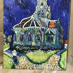 Vintage origineel impressionistisch schilderij 20x24, Levendige Van Gogh Kerk in Auvres reproductie schilderij op doek, Van Gogh stijl schilderij