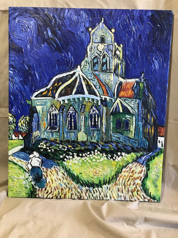 Vintage original Impressionist painting 20x24, Vibrant Van Gogh Church at Auvres reproduction painting on canvas, Van Gogh style painting
