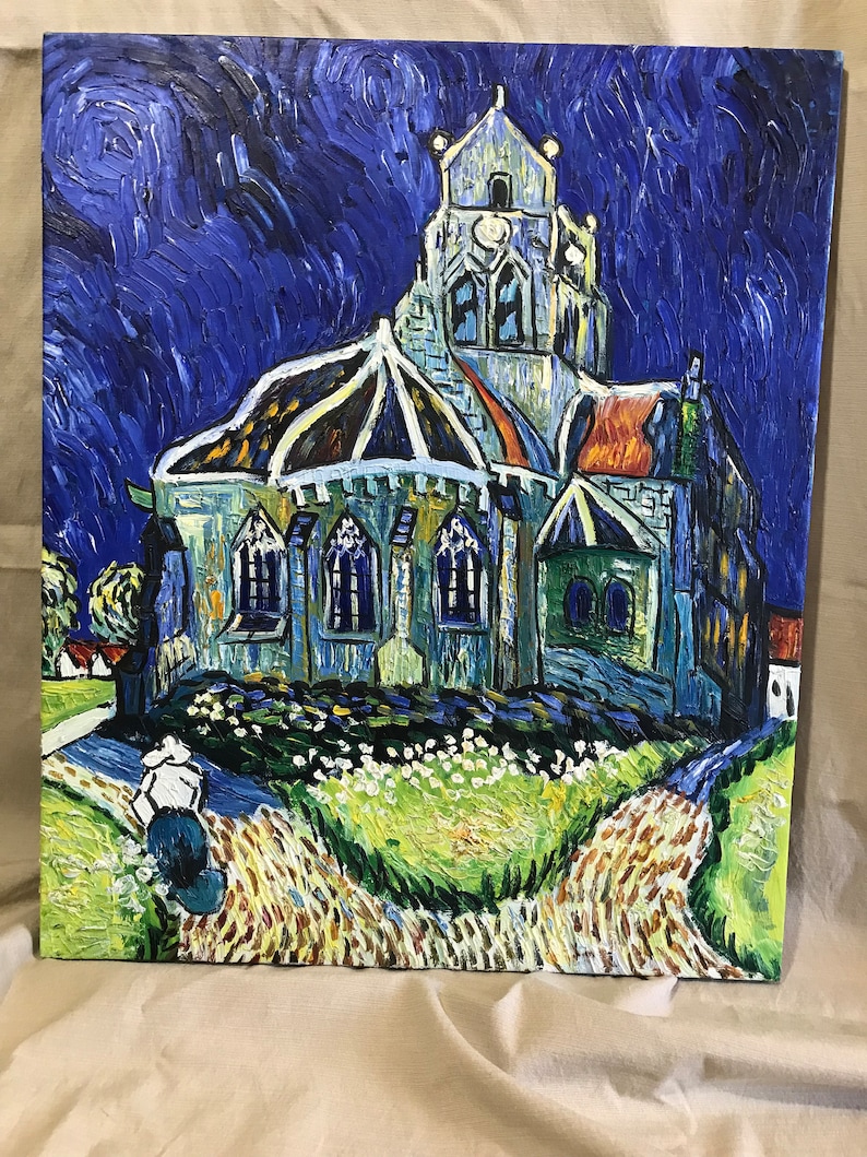 May include: A painting of a church at night with a starry sky. The church is painted in a style reminiscent of Vincent van Gogh, with swirling brushstrokes and bright colors.