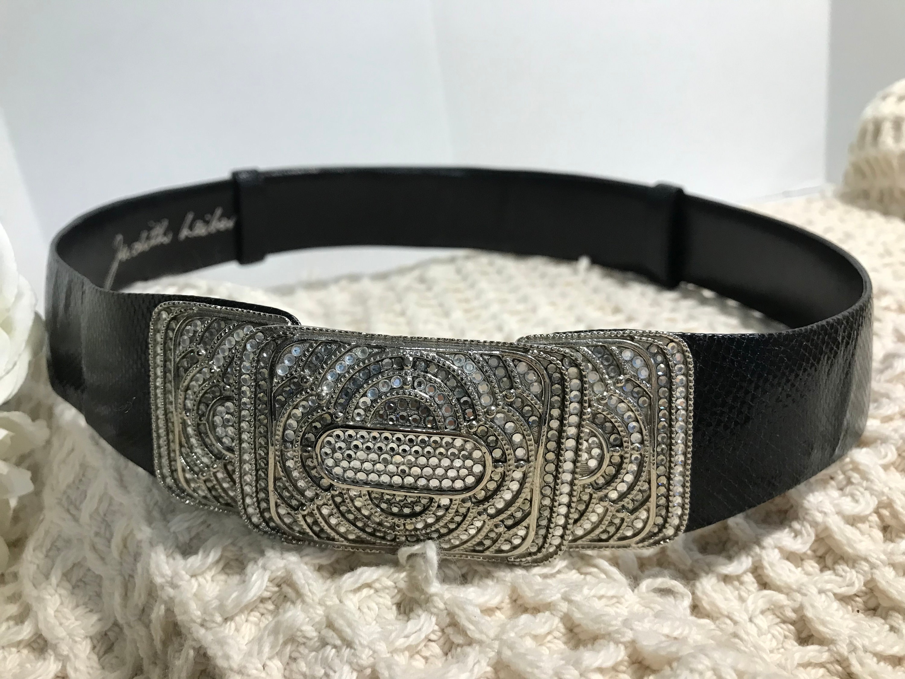 Chanel Black Leather Crystal Embellished CC Logo Buckle Belt 95CM
