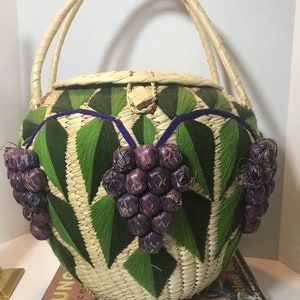 Vintage rattan basket with lid, Vintage natural woven straw embroidered basket, Raffia woven large basket with embroidered fruit and leaves