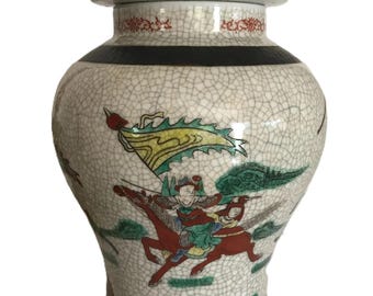 Vintage ceramic hand painted ginger jar, Unique porcelain crackle finish Chinese ginger jar, vase, Vintage Chinoiserie style lidded urn
