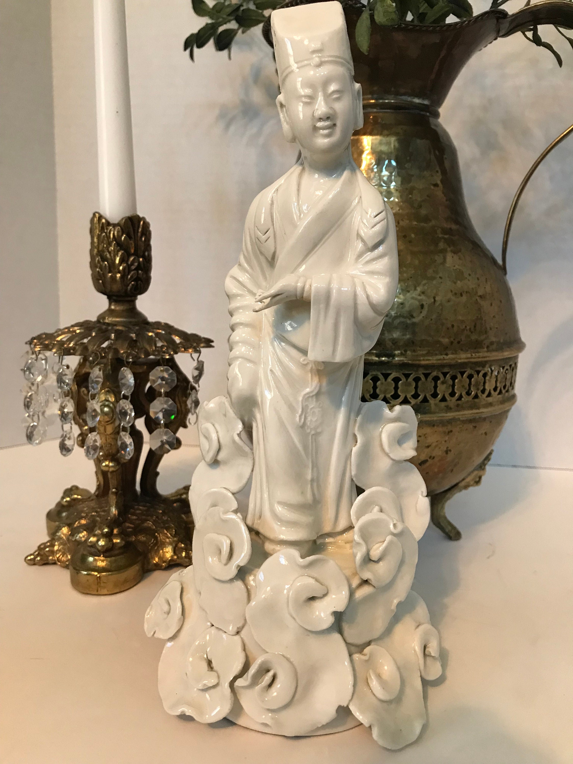 ヴィンテージの白磁道教の仙人像、シノワズリの白磁男性像、白陶器の