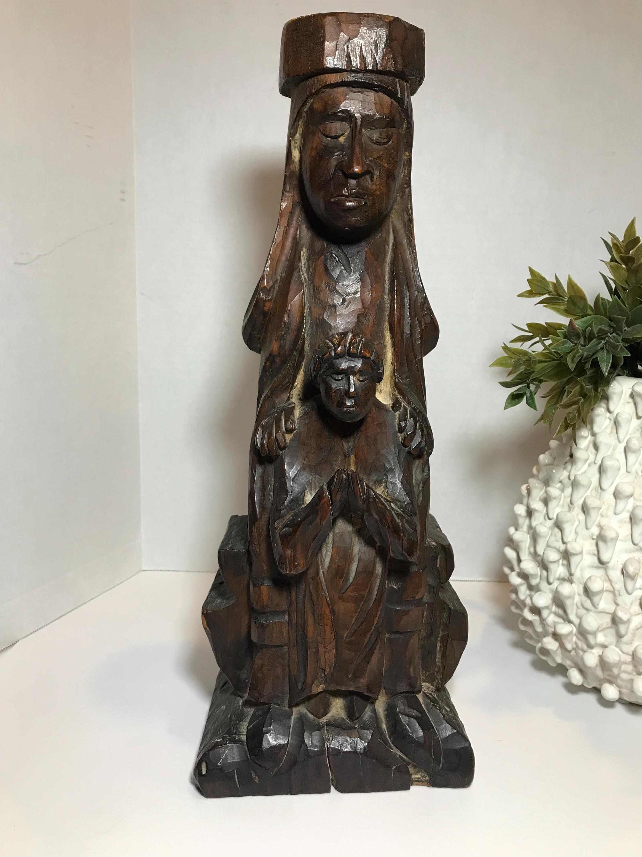 Antique Carved Wood Madonna and Child Statue | Large 17.75" Religious ...