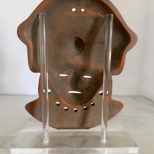 Vintage terracotta wall mask, hand-painted red clay pottery face, artisan Mexico wall decor in Mayan-style design image 15