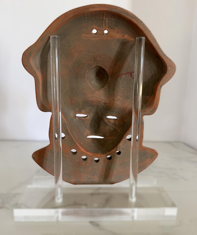 Vintage terracotta wall mask, hand-painted red clay pottery face, artisan Mexico wall decor in Mayan-style design image 15