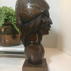Vintage wooden man bust statue, 14&quot; hand carved wooden man on base, Vtg carved wood 3 dimensional Warrior man bust statue, boho wood statue