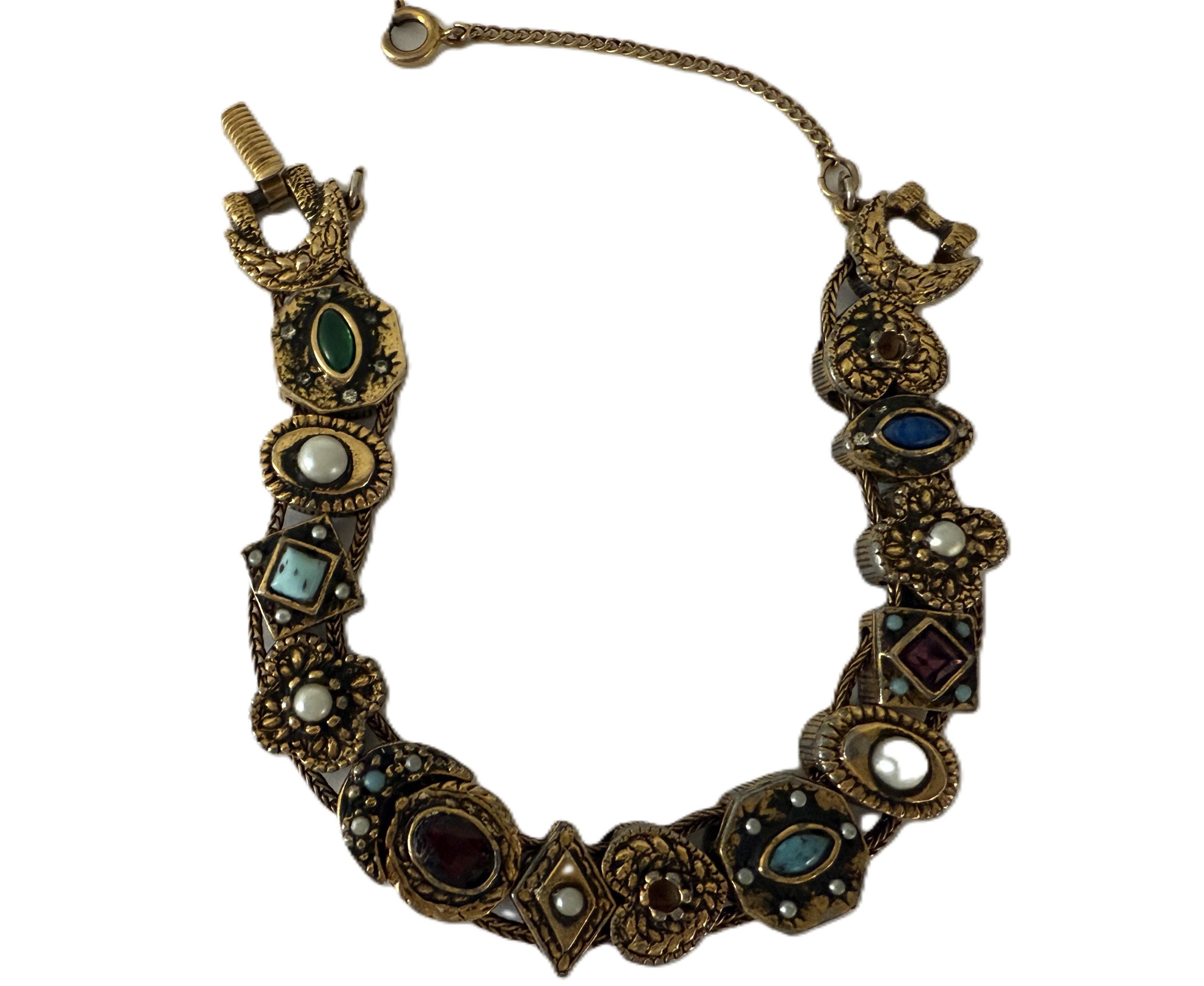 Vintage Goldette NY Slide Charm Bracelet, Victorian Revival Gold 