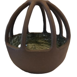 AliRae Ceramics unique vase, AliRae pottery brown cage style pot planter vase, rustic studio pottery vase, ceramic open pottery vase signed