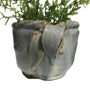 Vintage LL signed art pottery planter, Vintage studio pottery planter with leaf detail, signed LL, Vintage pottery small blue planter