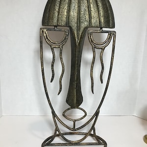 Statue moderniste vintage en métal, statue vintage en métal de style minimaliste yeux tristes, statue moderne grand visage noir et bronze, sculpture en métal