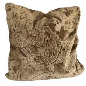 Vintage Pottery Barn Velvet Chenille Pillow Cover, Textured Green Floral Cushion 22x22