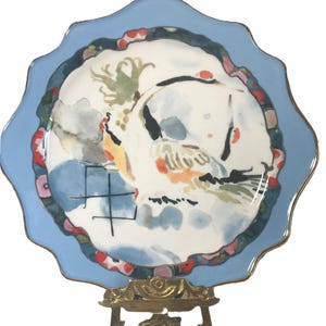 Anthropologie Betty Hatchett plate, Anthropologie blue wavy edge crane watercolor plate, Anthropologie bird crane whimsical plate image 1