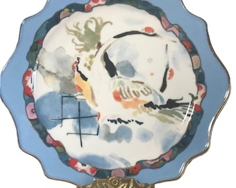Anthropologie Betty Hatchett plate, Anthropologie blue wavy edge crane watercolor plate, Anthropologie bird crane whimsical plate