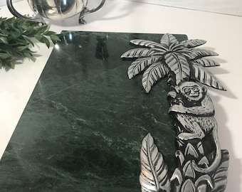 Vintage green marble and silver cheeseboard, green marble whimsical monkey tray, Elegant silver monkey palm tree marble charcuterie tray