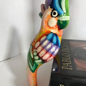 Vintage Mexican pottery parrot cockatoo toucan bird, Vintage tropical Mexican colorful large ceramic bird decor, unique colorful bird decor