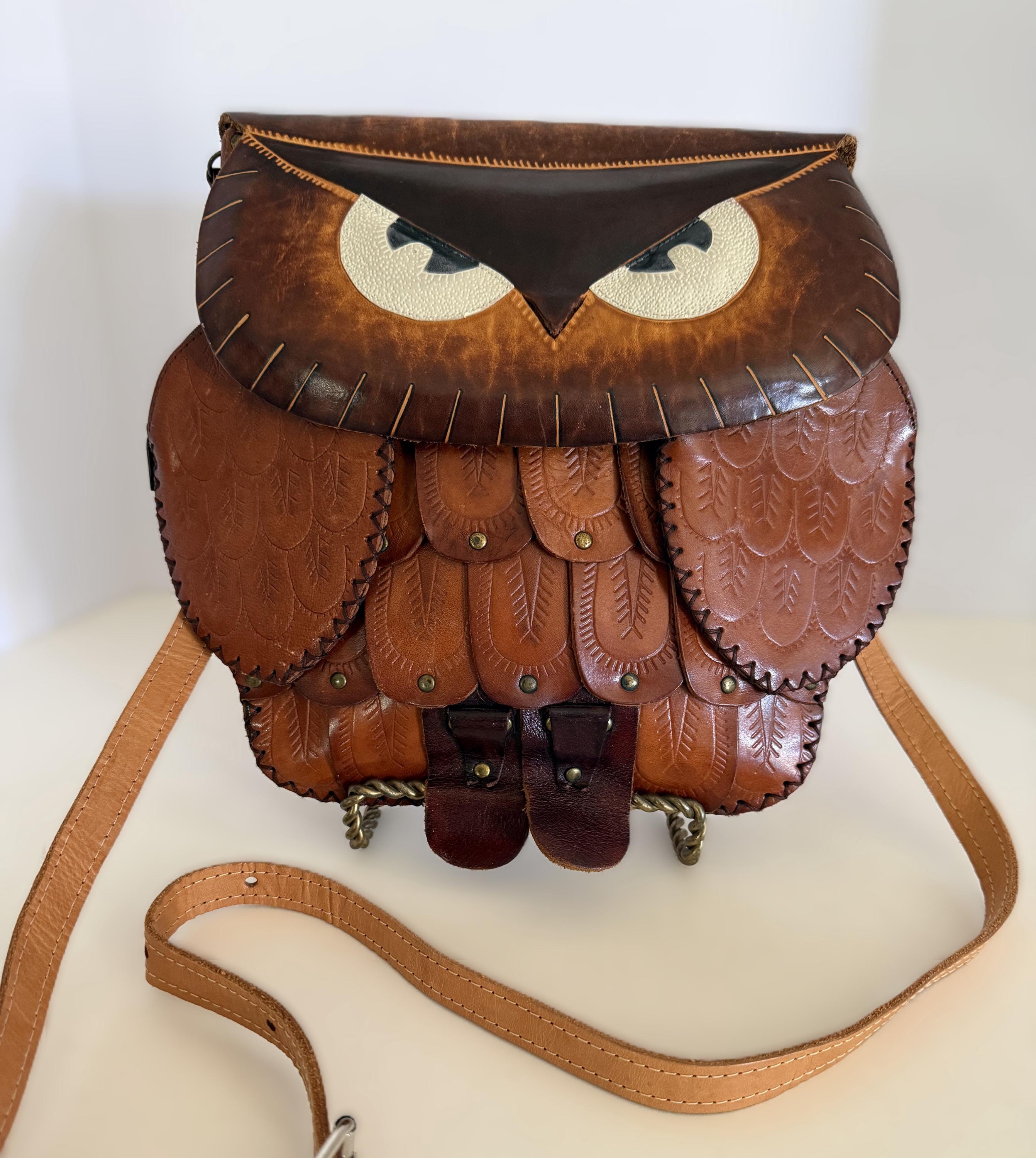 Vintage Tooled Leather Owl Handbag Whimsical Brown Leather Crossbody Purse Boho Bag