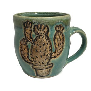 Vintage studio pottery hand painted ceramic cactus coffee cup, art pottery cactus in pot coffee mug, unique blue glazed cactus coffee cup