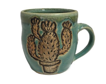 Taza de café de cactus de cerámica pintada a mano de estudio vintage, taza de café de cactus en maceta de cerámica artística, taza de café de cactus esmaltada en azul única