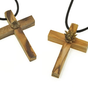 Holy Land blessed Rose of Jericho olive wood cross.