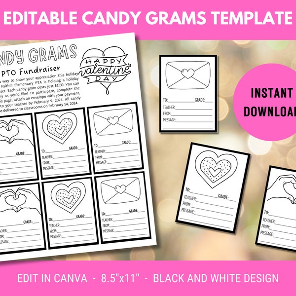 Valentine's Candy Gram School PTO Fundraiser Printable Flyer Holiday Template for Kids Black and White Easy to Print Happy Valentines Day