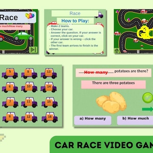 May include: A colorful educational video game interface with a car race theme. The game features multiple screens with car graphics, number puzzles, and a question about counting potatoes. The text "CAR RACE VIDEO GAME" is displayed at the bottom.