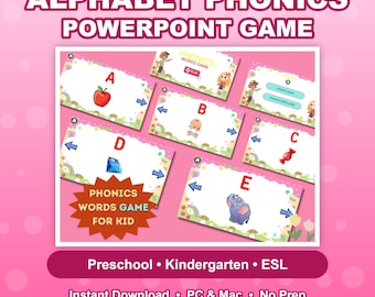 Peut inclure: Un jeu PowerPoint de phonétique alphabétique pour enfants présentant des diapositives avec les lettres A à E, chacune associée à des illustrations comme une pomme, un bébé, un bonbon, un diamant et un éléphant sur fond rose.