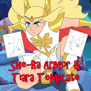 Puede incluir: Una plantilla imprimible para hacer un disfraz de She-Ra. La plantilla incluye instrucciones para hacer la armadura y la tiara. La imagen muestra un personaje de dibujos animados con el disfraz.
