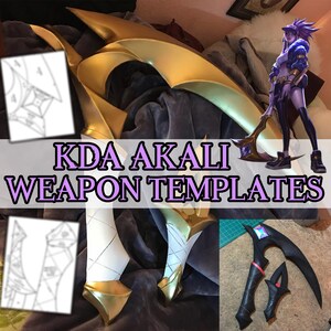 May include: KDA Akali Weapon Templates: A close-up of two golden weapon props with white and black details, along with a black and purple weapon prop with a diamond-shaped gem. The image also includes a character from the video game League of Legends, KDA Akali, and a set of weapon templates.